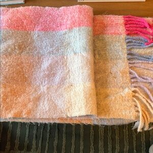 Madewell Pink Cream Plaid Fringe Scarf